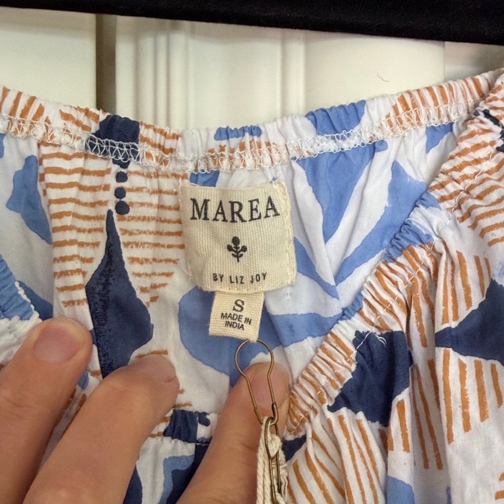 Marea Blue and Beige Tile Block Print Off-Shoulder Midi Dress - Picture 2 of 4